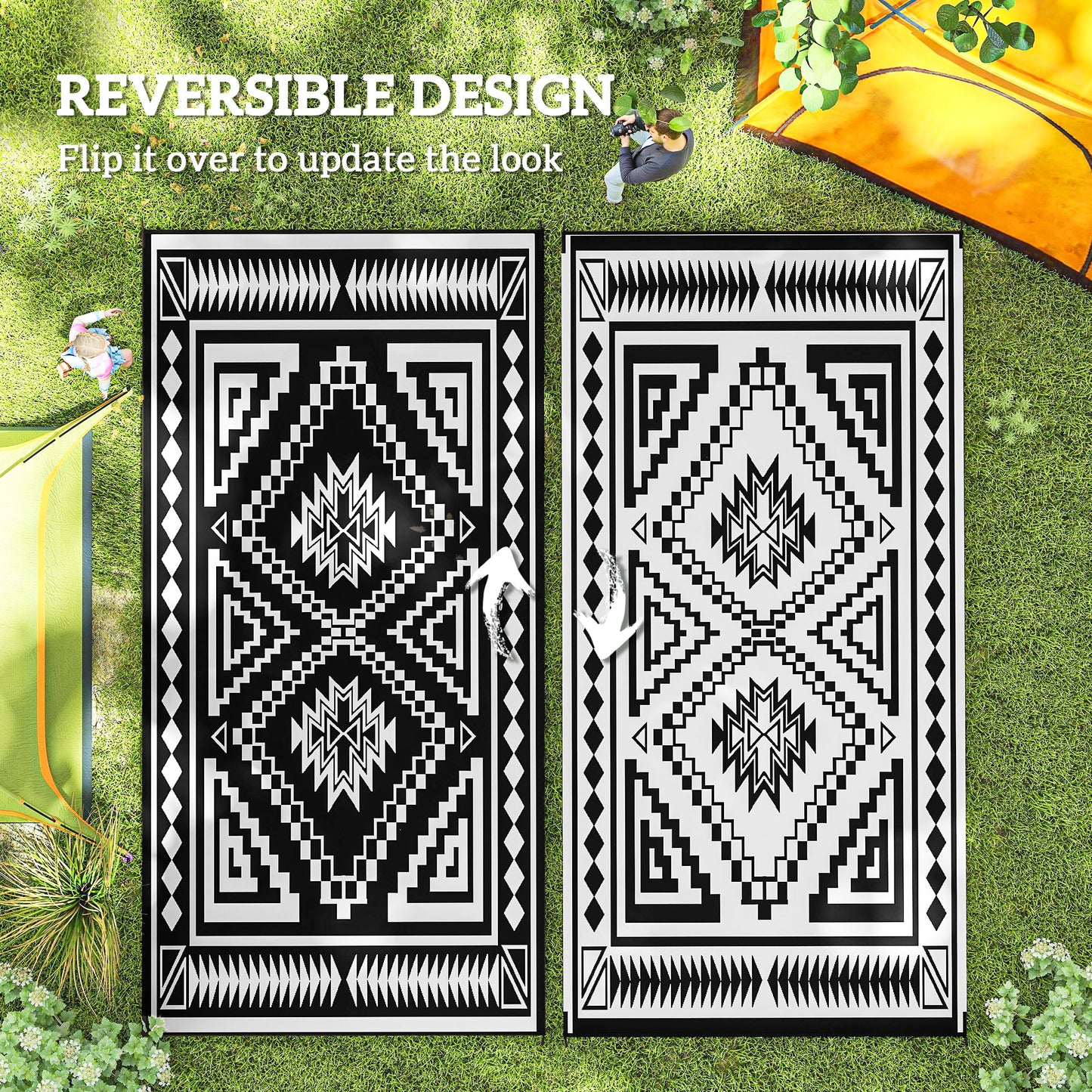 Reversible Outdoor Rug - Waterproof Plastic Straw, 9' x 18', Black & White Patchwork
