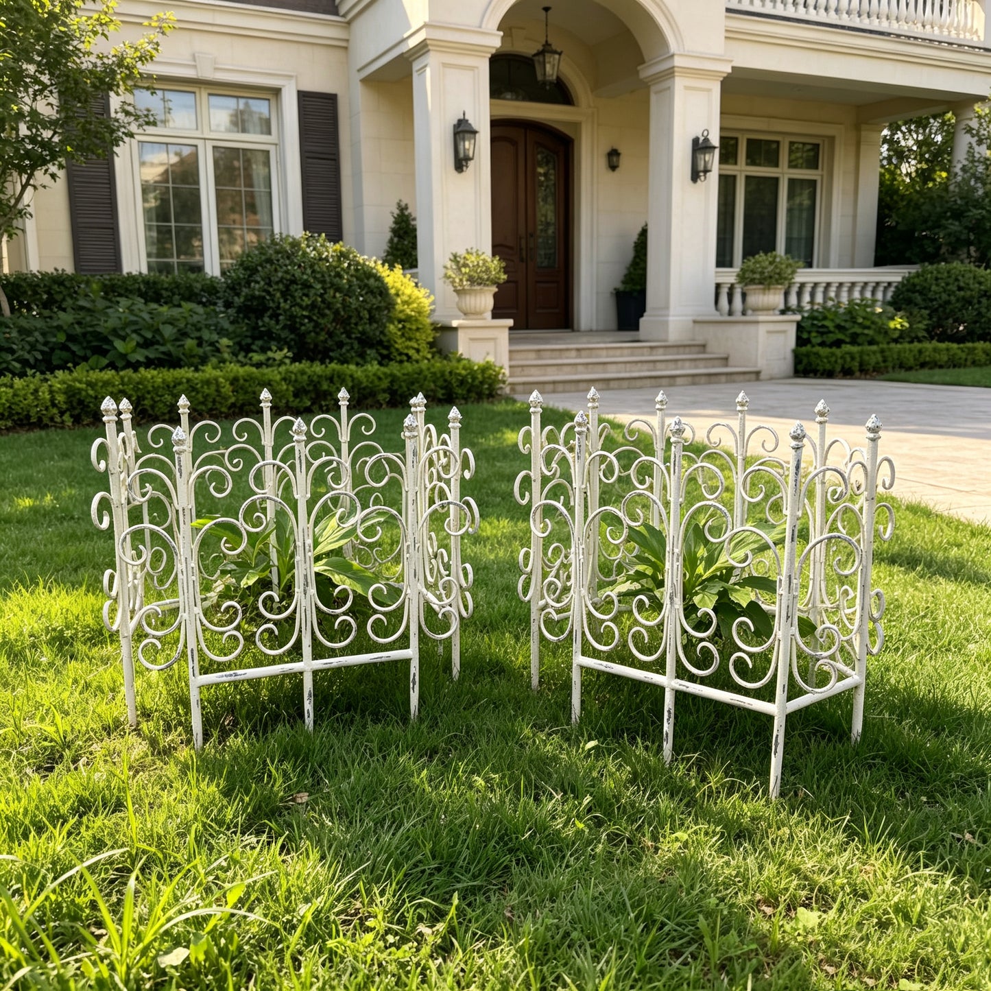 Antique White Iron Garden Fence Panels - Decorative Trellis Set