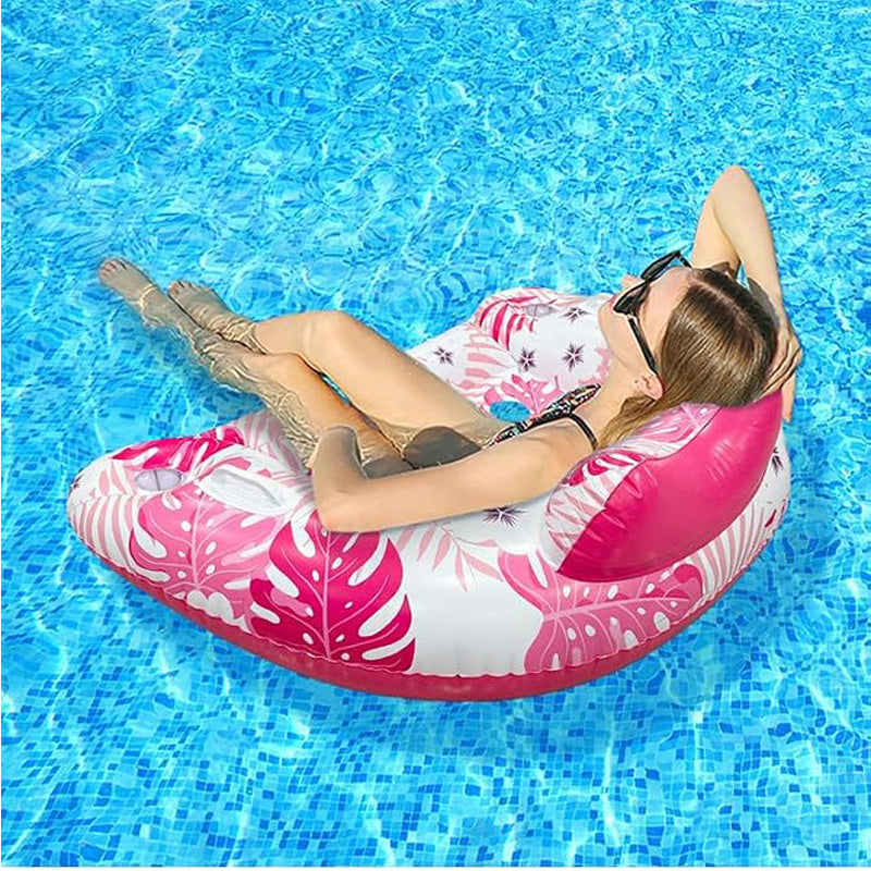 Inflatable Tropical Print Pool Lounge Float with Cup Holders