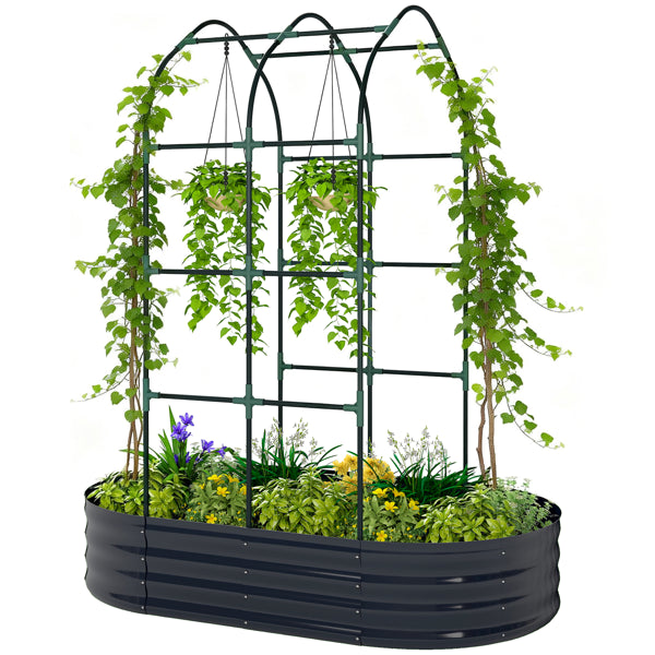 Raised Garden Bed with Arch Trellis - Dark Gray