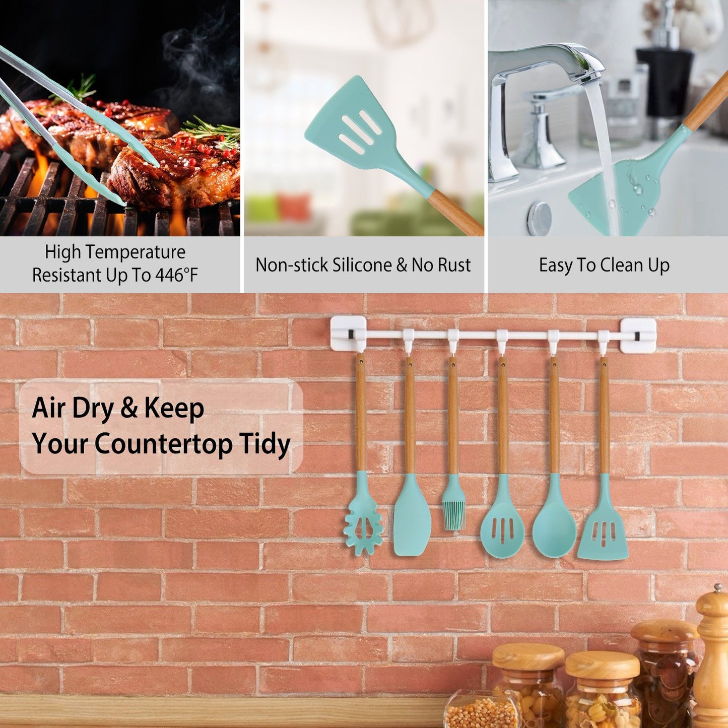 11-Piece Silicone Cooking Utensil Set with Wooden Handles
