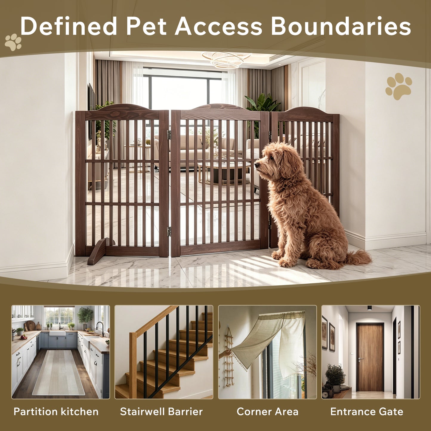 Wooden Foldable Pet Gate for Dogs - 30 Inch 3 Panels, Freestanding Doorway Fence, Brown