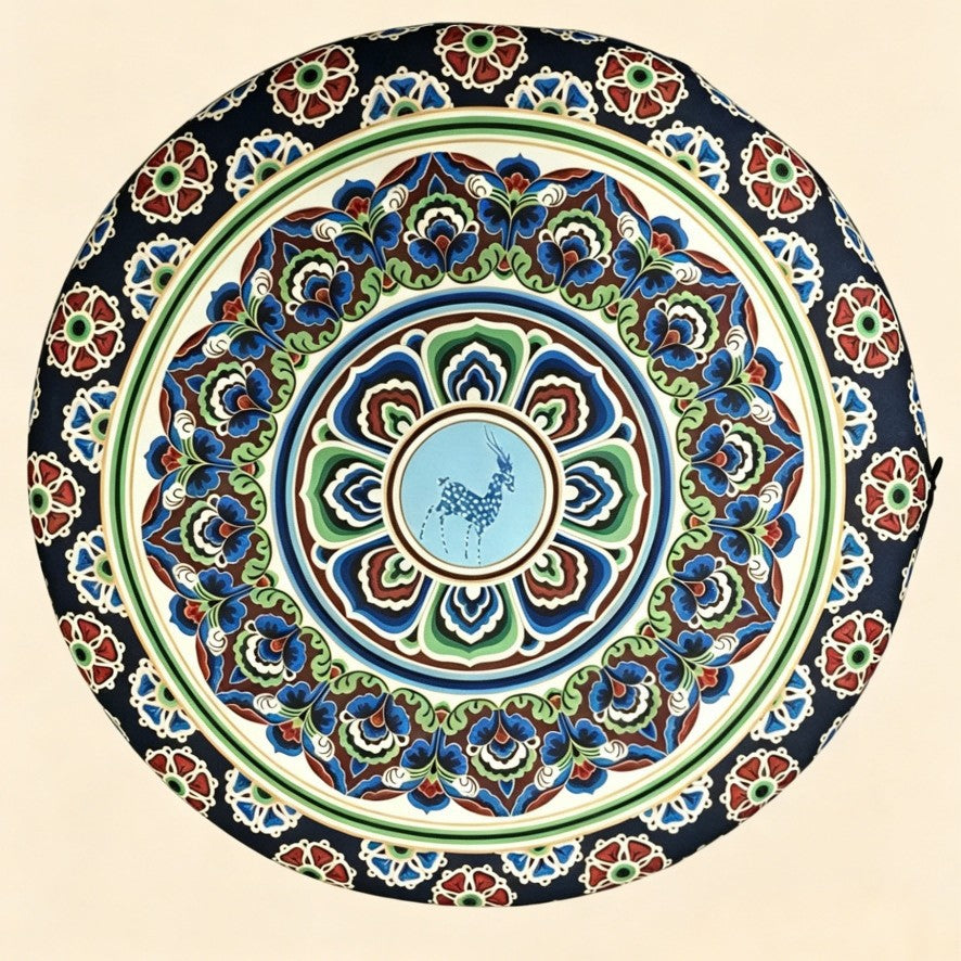 Traditional Chinese Round Floor Cushion with Dunhuang Algae Well Pattern, Thick Padded Meditation & Floor Pillow