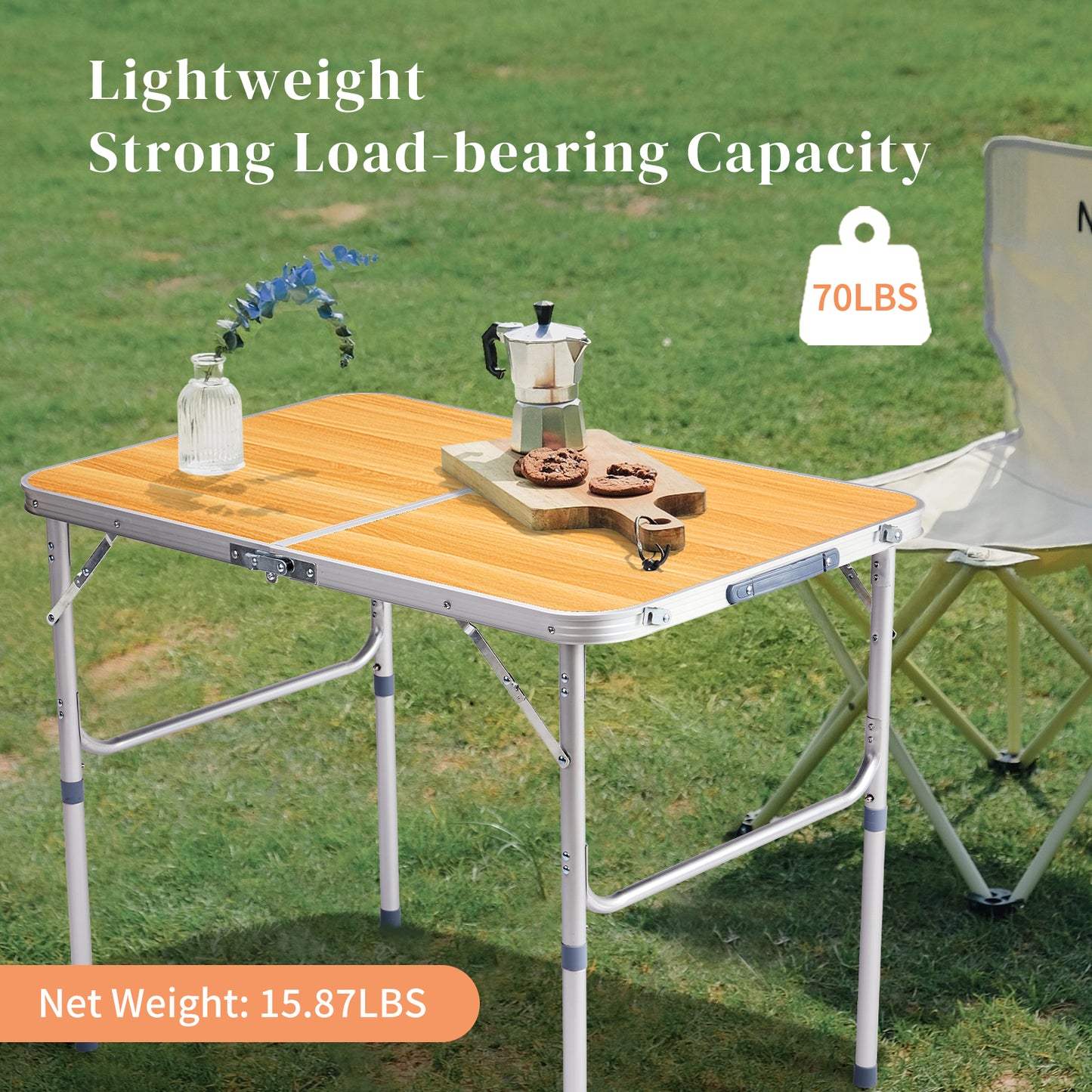 3ft Aluminum Alloy Folding Table - Wood Grain Outdoor Use