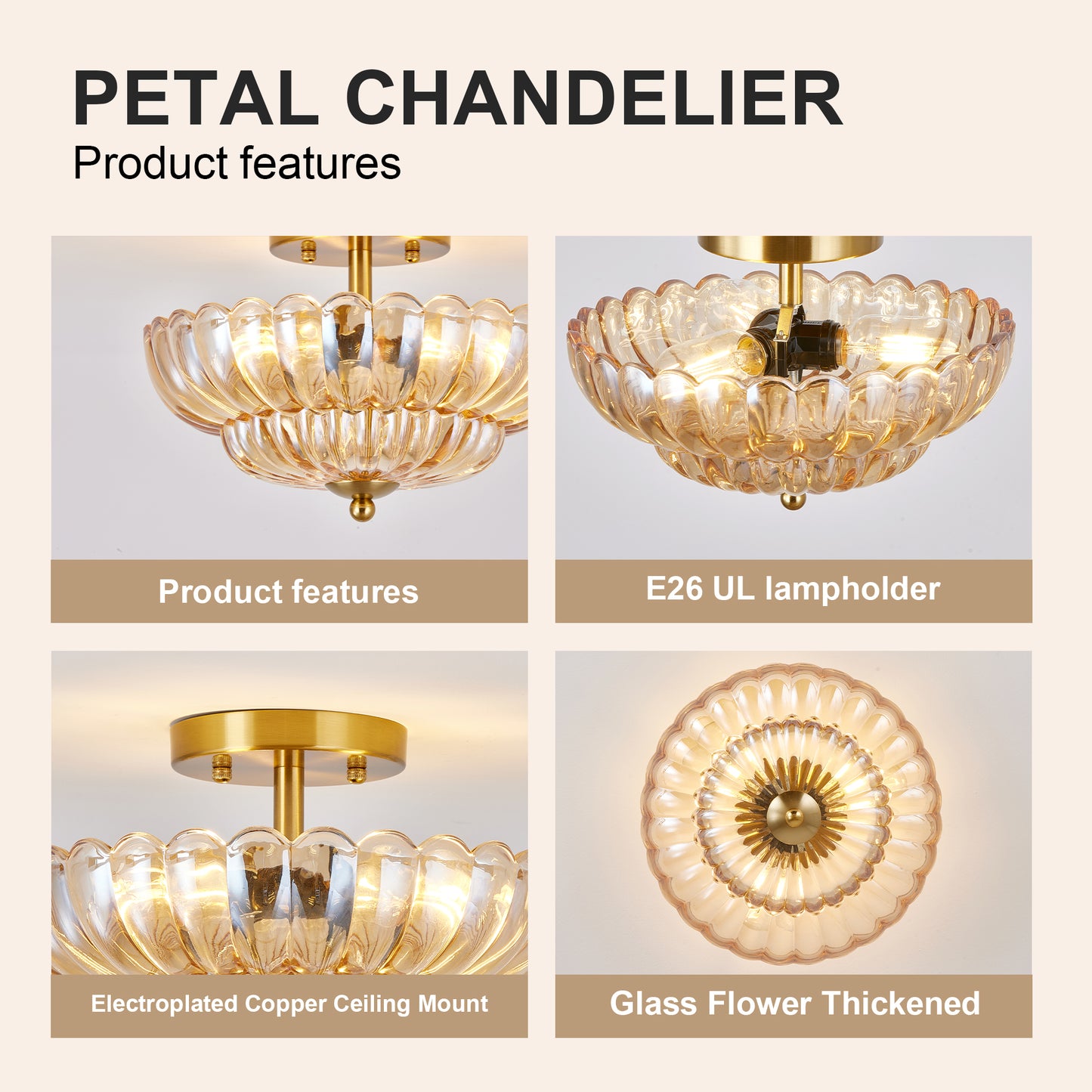 11.8 Inch Semi Flush Mount Ceiling Light with Flower Glass - Vintage Indoor Fixture