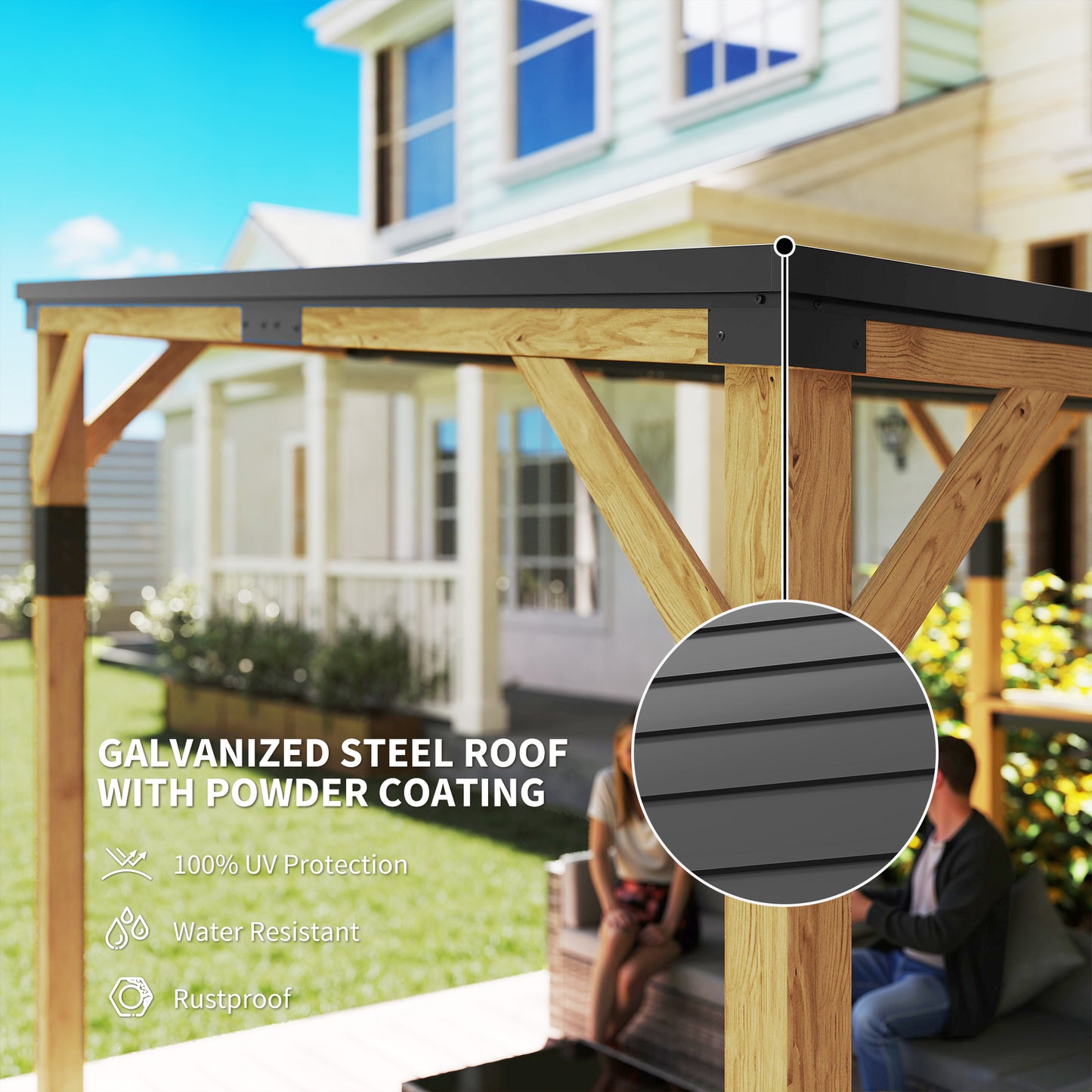 14'x10' Wooden Gazebo with Steel Roof & Bar Shelf - Natural Wood