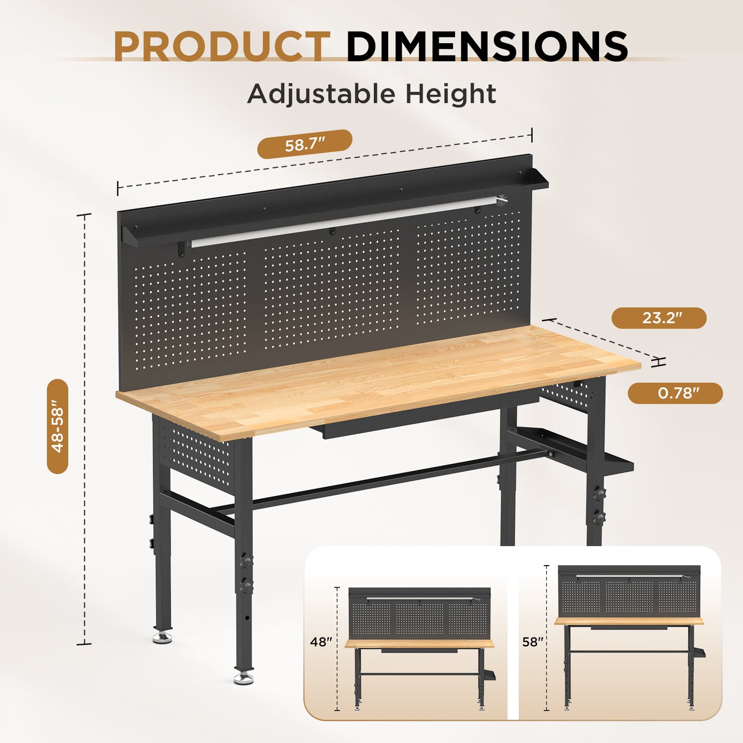 60-Inch Heavy-Duty Workbench with Drawers, Solid Wood Top, Adjustable Height, Power Outlet, LED Light, Wheels or Leveling Feet