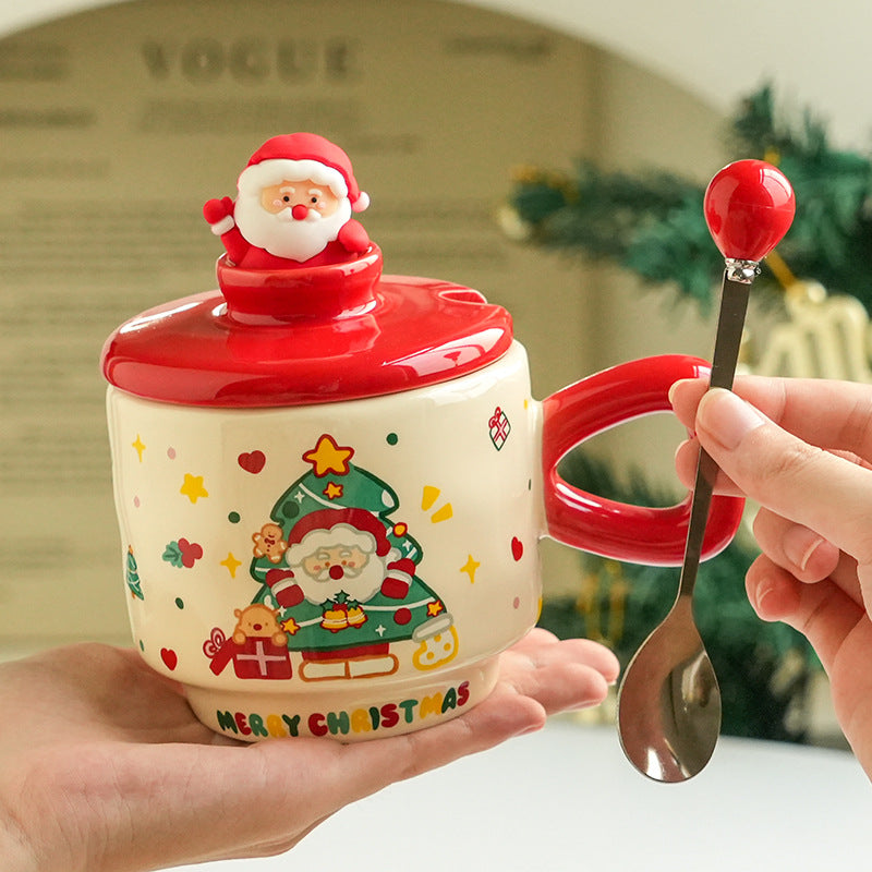 Christmas Ceramic Mug with Lid - Cartoon Holiday Drinkware, 301-400ml