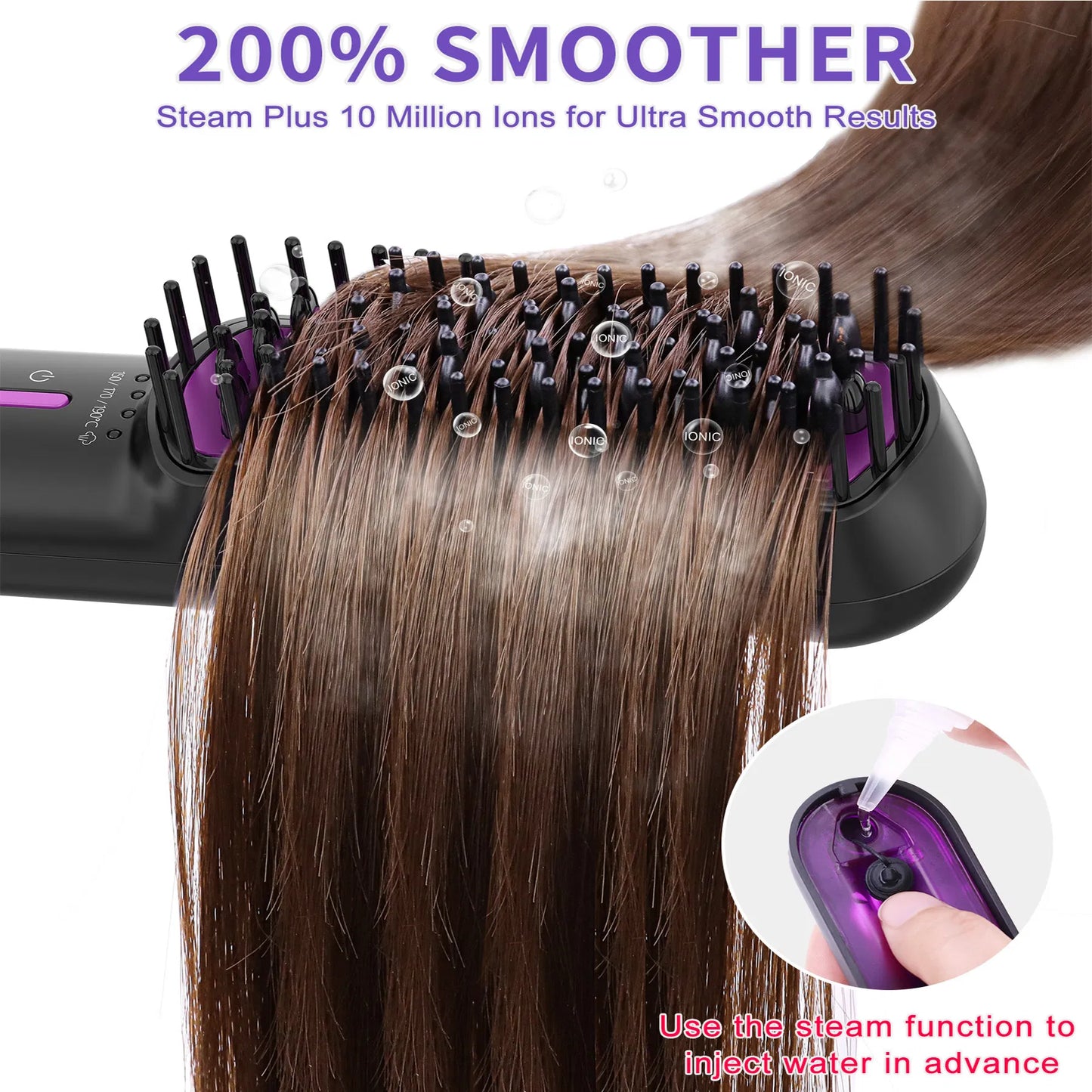 Ionic Steam Hair Straightener Brush - Anti-Scald Ceramic Comb - Purple