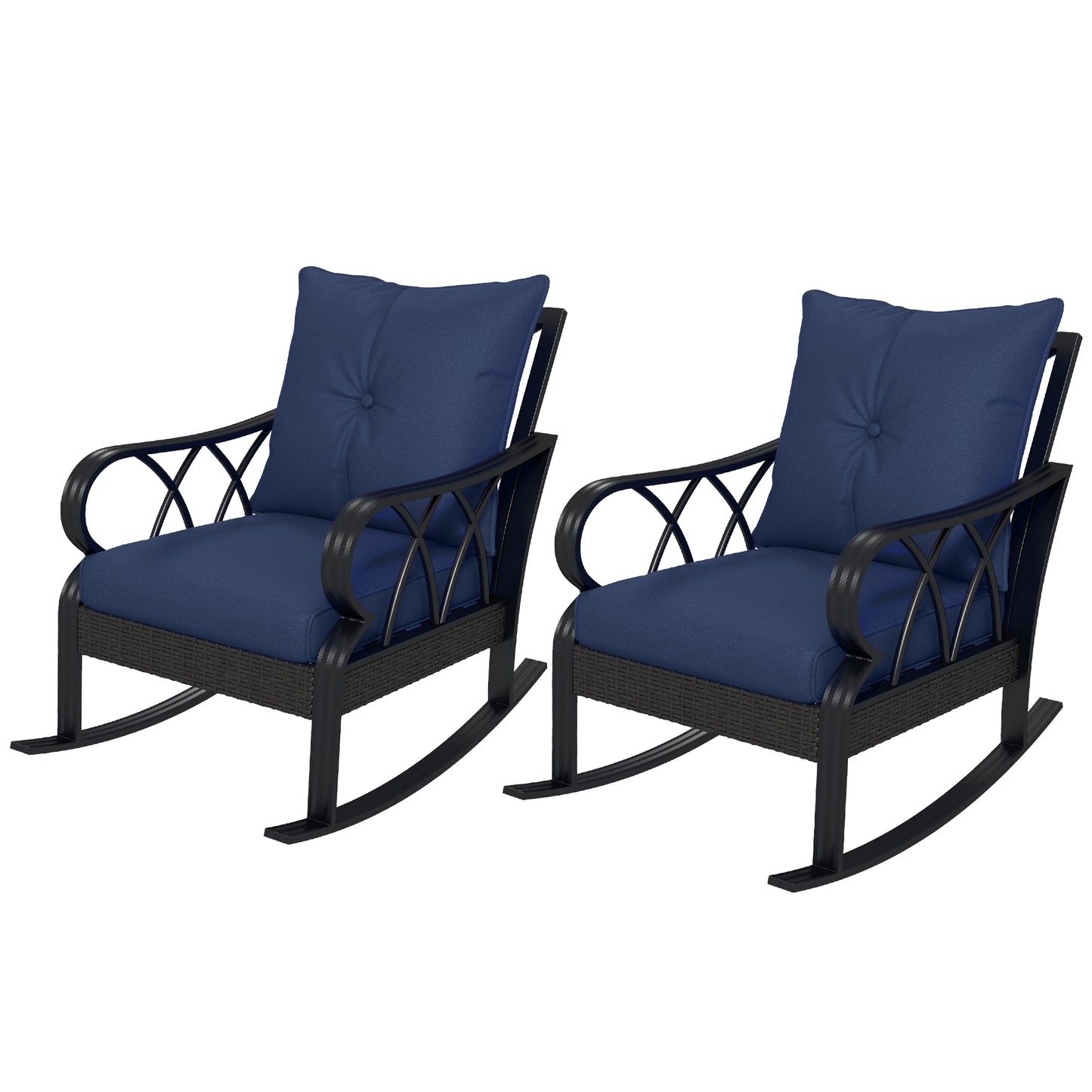 2 Piece Outdoor Rattan Rocking Chair Set with Cushions - Blue