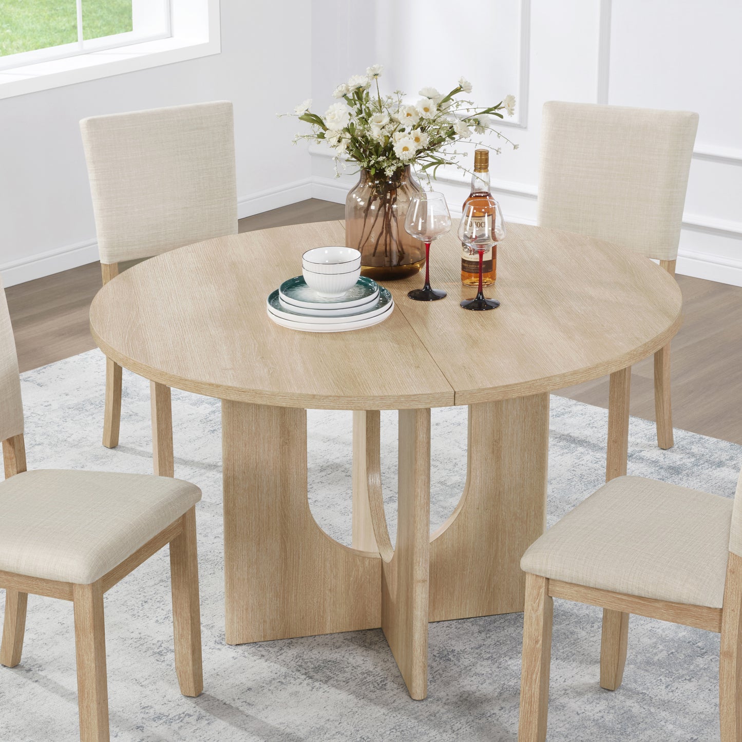 Farmhouse Round Dining Table for 4 - Light Oak, 47.3 Inch