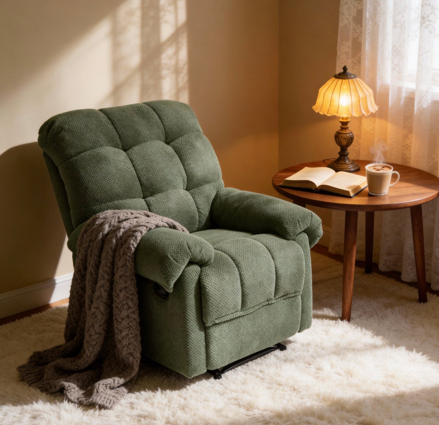 Overstuffed Ergonomic Recliner Chair - Army Green Fabric