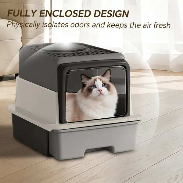 Pull-Out Cat Litter Box with No Scoop Needed, Enclosed Odor Control, Fits Modern Home Decor