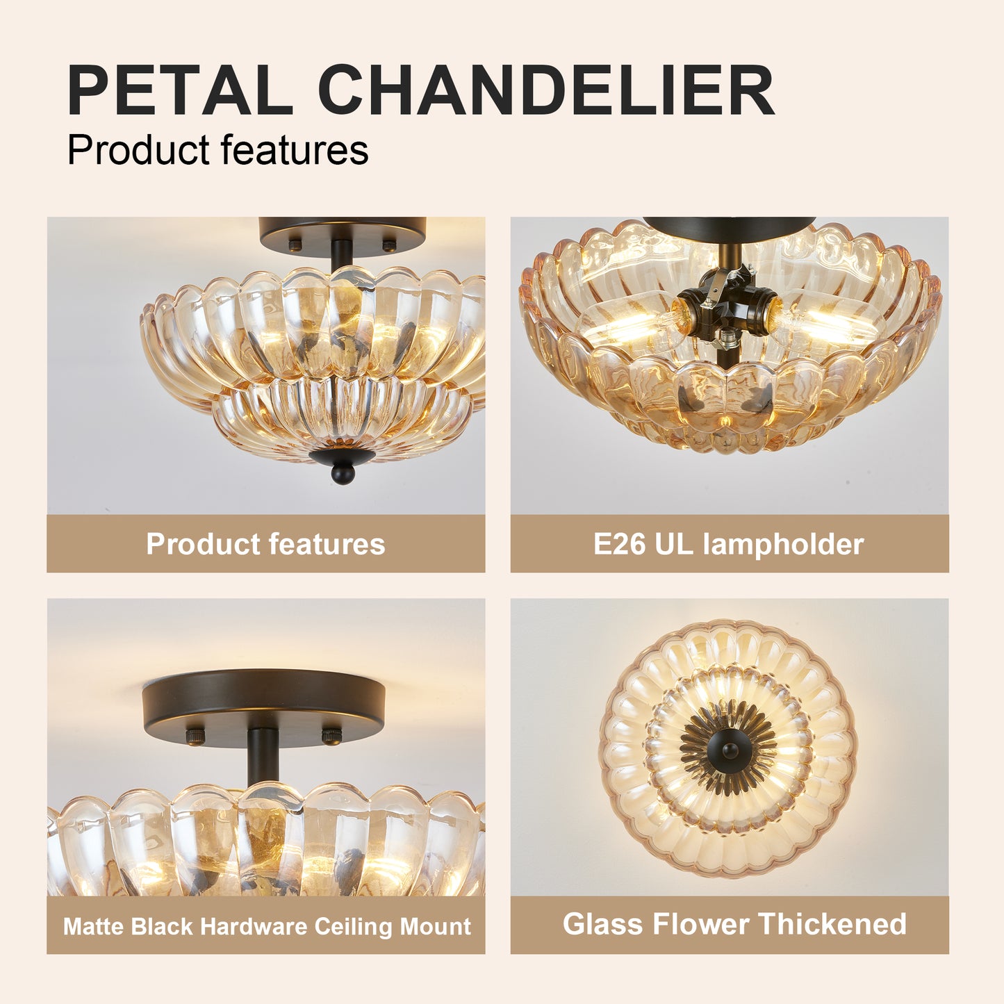 Amber Glass Ceiling Light Fixture for Living Room & Bedroom - 3 Bulb Modern Flush Mount