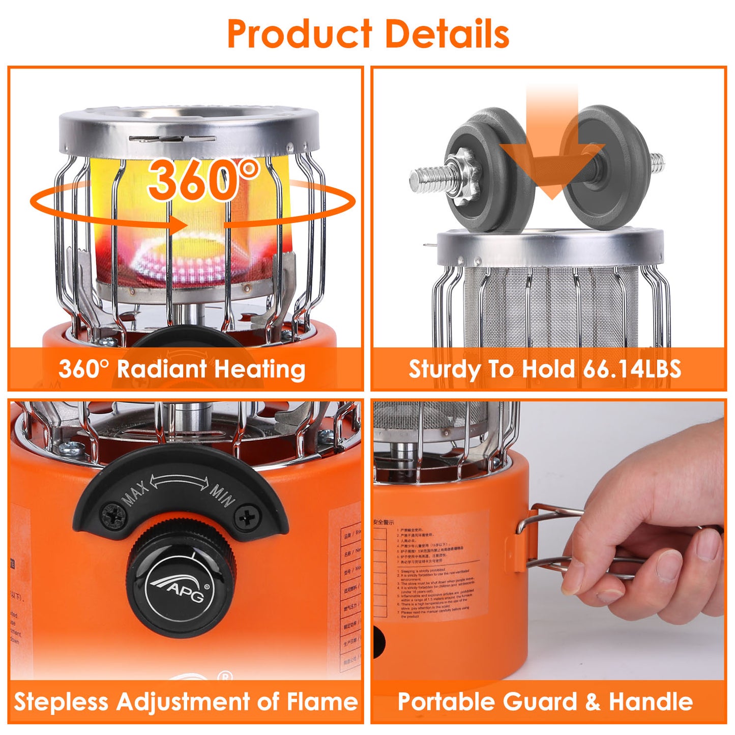 2000W 2-in-1 Portable Camping Stove & Heater - Orange