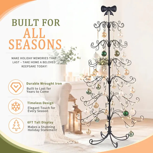 6ft Black PVC Metal Artificial Christmas Tree with Bow Topper