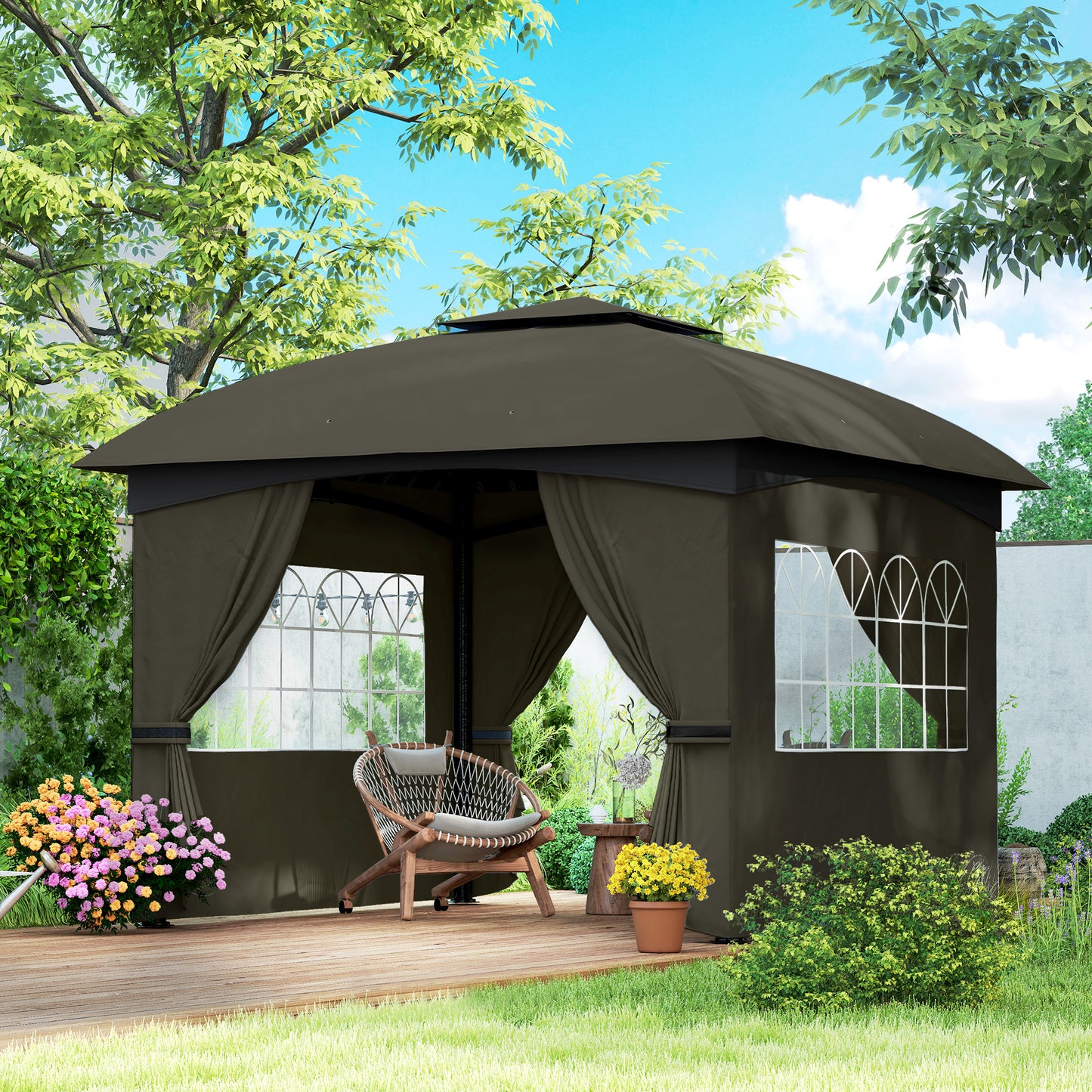 Outdoor Gazebo with Curtains & Church Windows - Dark Gray