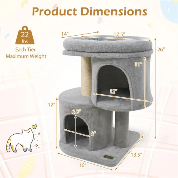 26-Inch Compact Cat Tree with 2 Condos & Sisal Posts, Small Space Cat Tower