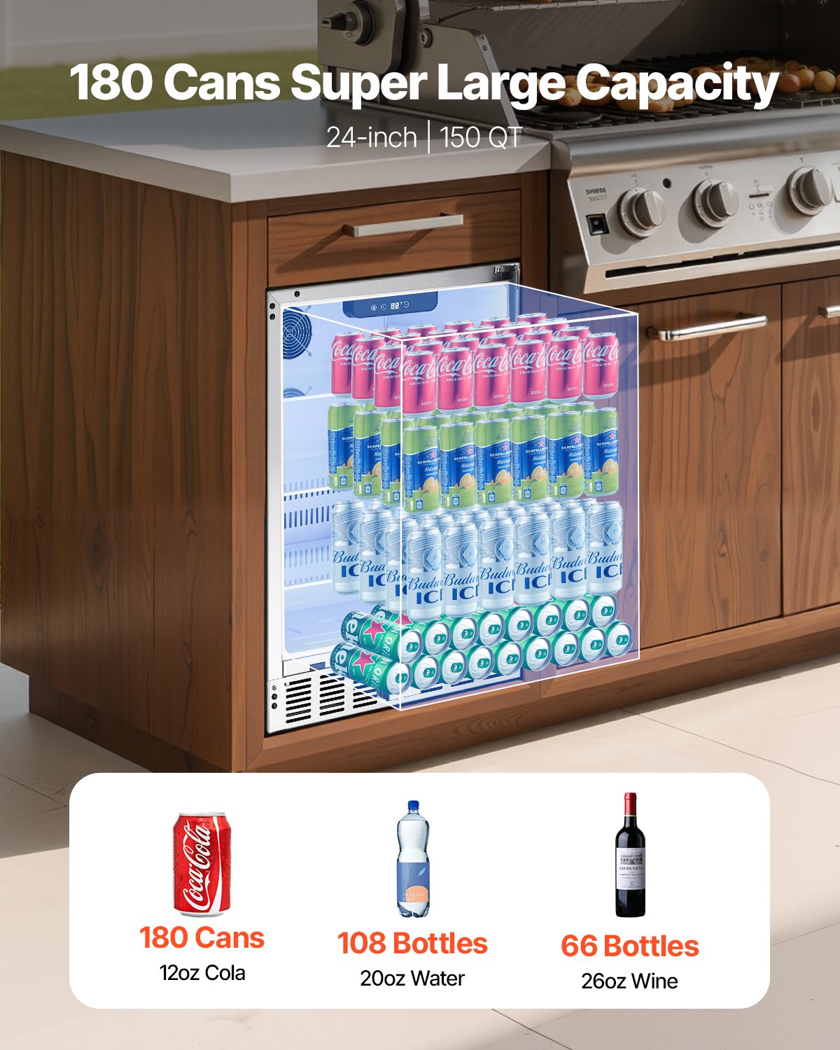 24-Inch Outdoor Beverage Cooler - 150QT Stainless Steel Drink Refrigerator