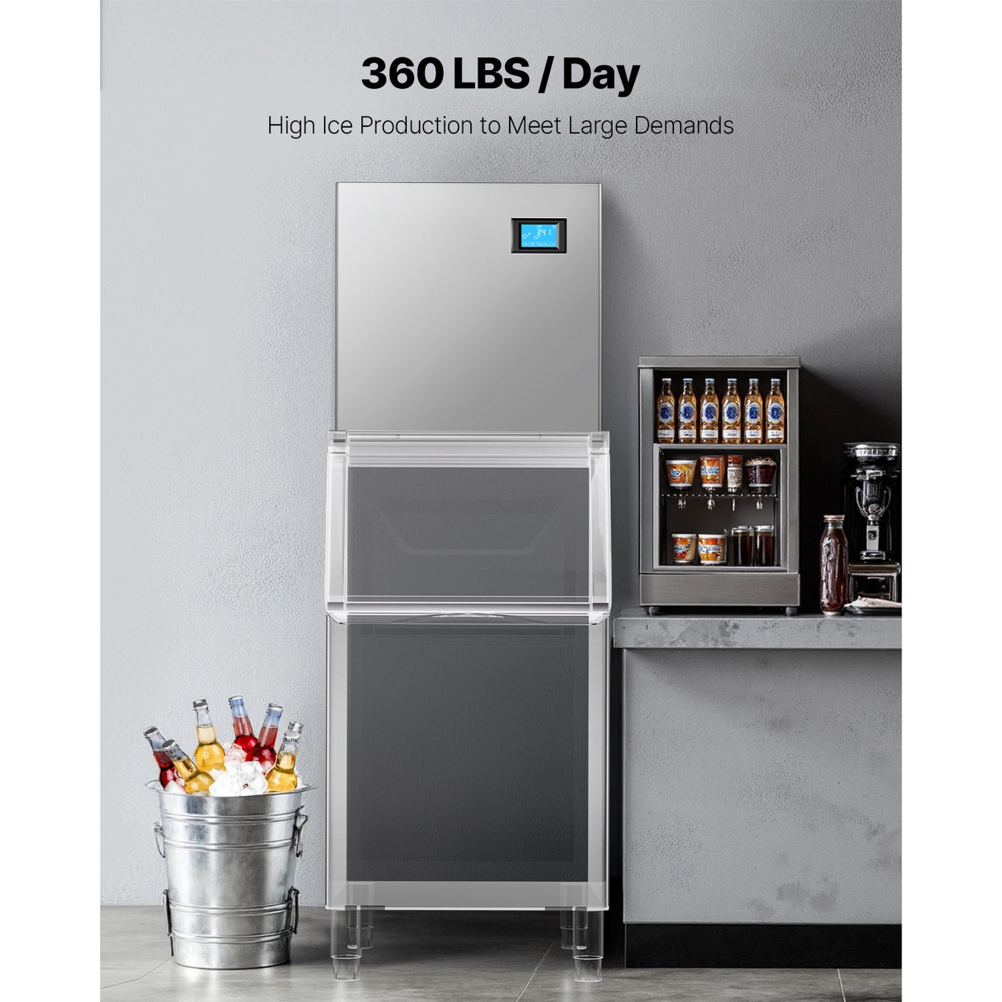 Commercial Stainless Steel Ice Maker Machine - 360 Lbs/Day Self-Cleaning with Ice Tray