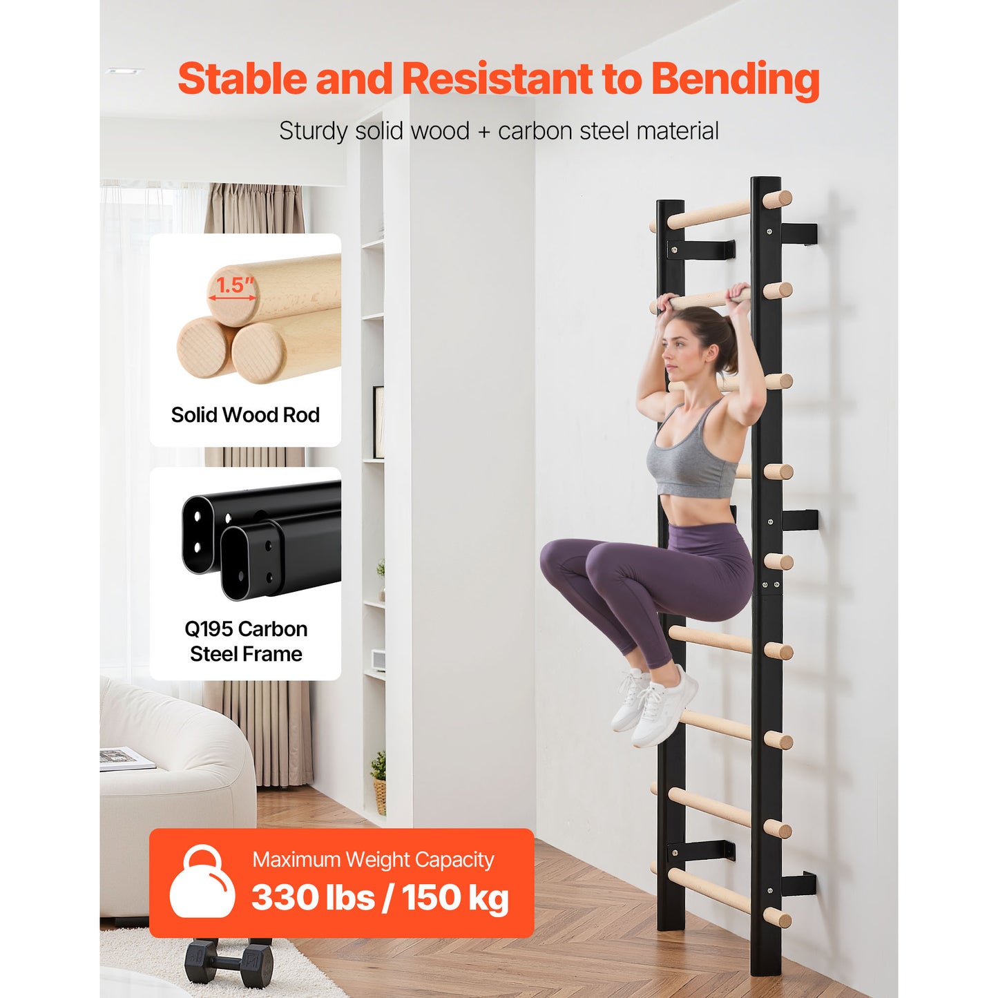 Swedish Wall Bars for Gymnastics & Home Fitness - 9-Level Suspension Trainer, Solid Wood & Steel, Supports 330LBS