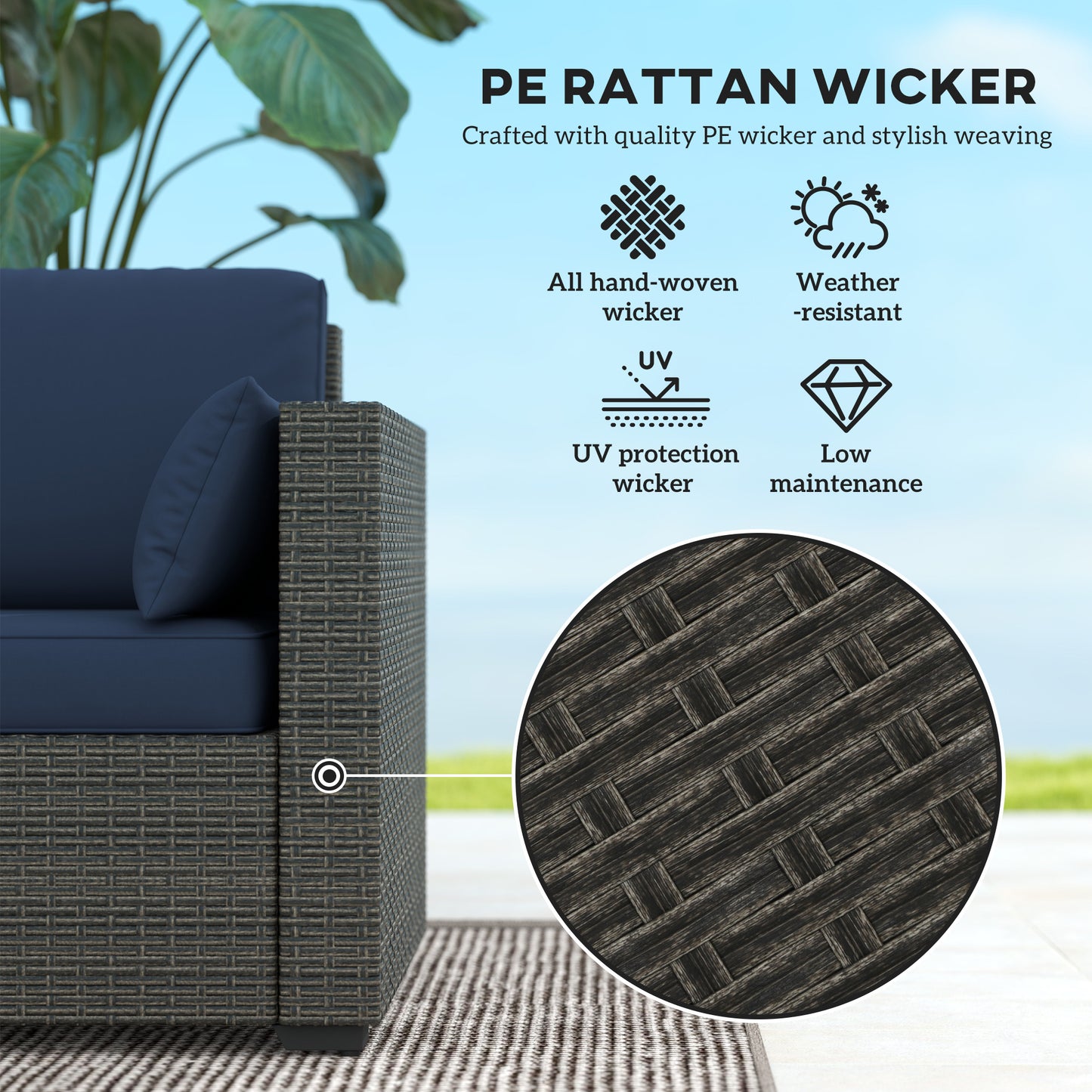 3-Seater Rattan Outdoor Sofa with Removable Cushions - Navy Blue