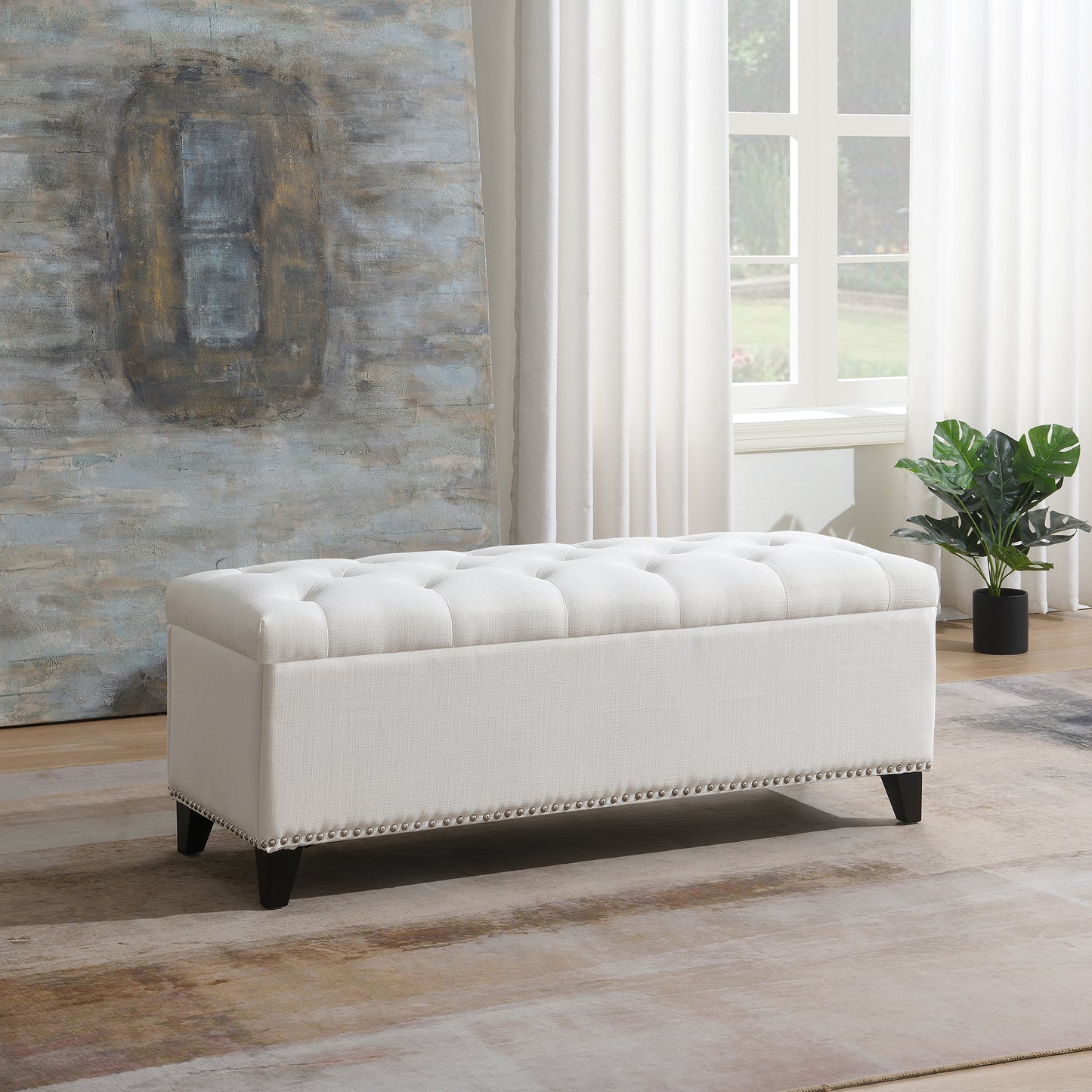47.5 Storage Ottoman, Bench With Safety Close Hinge, Linen