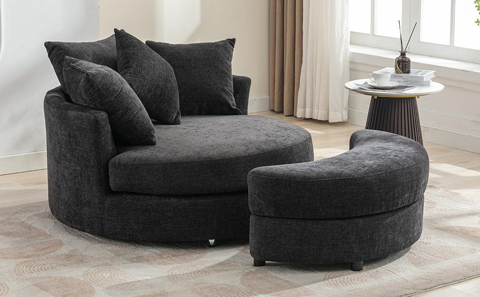 360° Swivel Accent Barrel Chair with Storage Ottoman & 4 Pillows - Gray
