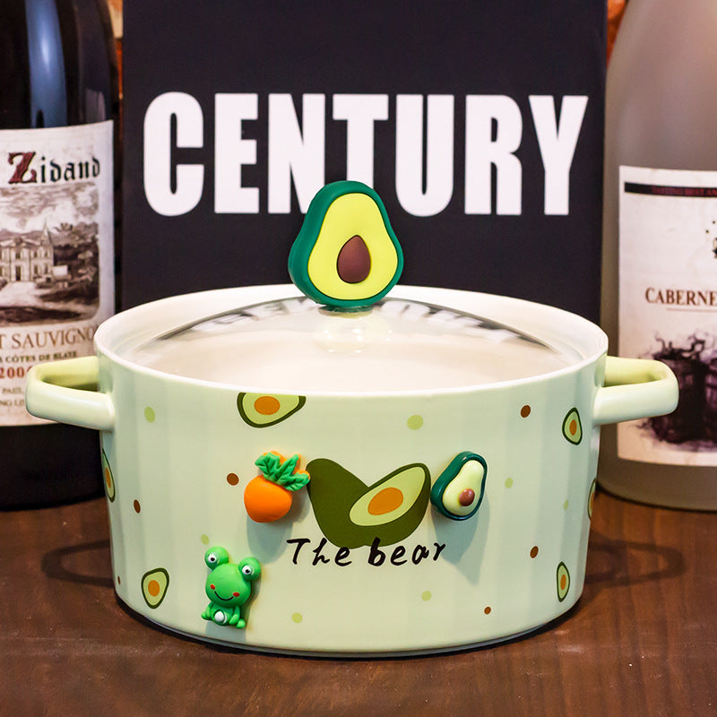 Ceramic Noodle Bowl with Lid and Ears - Strawberry Design, Easy to Clean