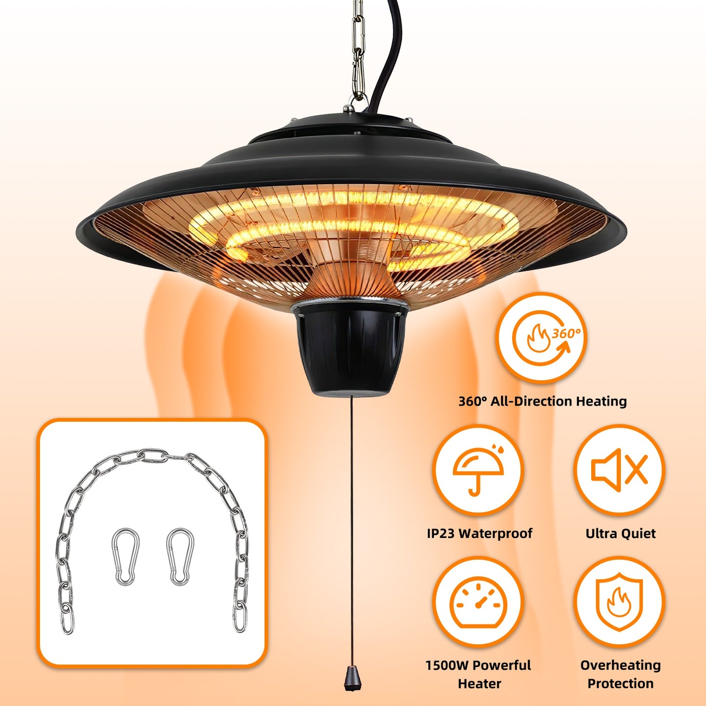 1500W Outdoor Hanging Patio Heater with Waterproof IP23 & Quiet Operation