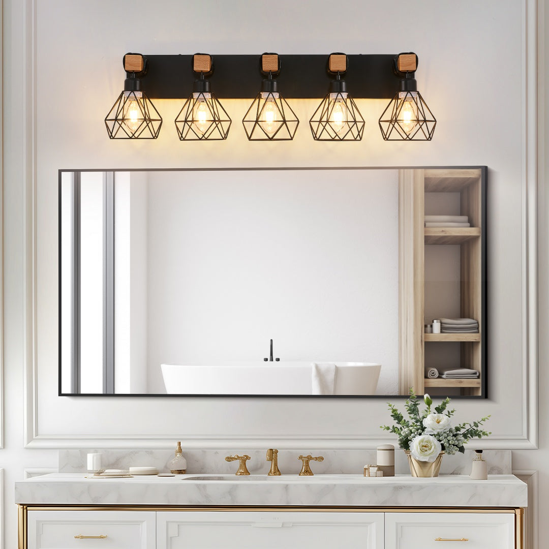Modern Geometric 5-Light Vanity Light Fixture - Black Metal & Wood