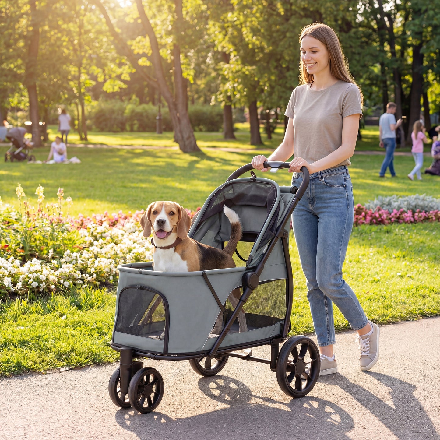 Medium Dog Pet Stroller Gray Foldable All-Terrain with Mesh Window & Washable Cushion