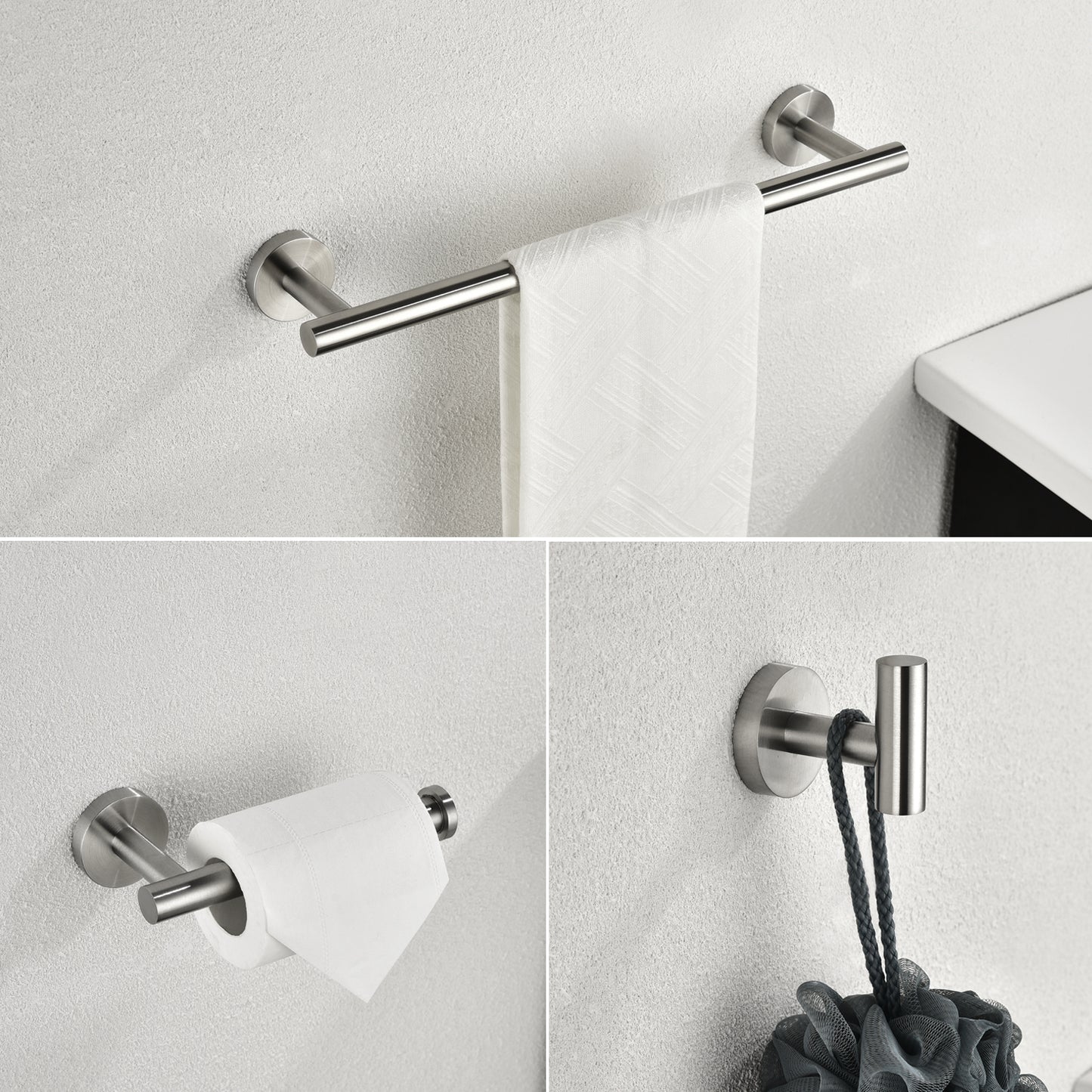 3-Piece Bathroom Hardware Set - Brushed Nickel Towel Bar, Toilet Paper Holder & Robe Hooks
