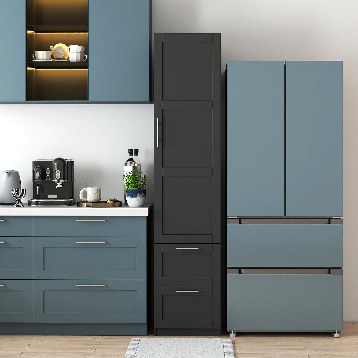 Tall Kitchen Storage Cabinet with 1 Door & 2 Drawers - Black