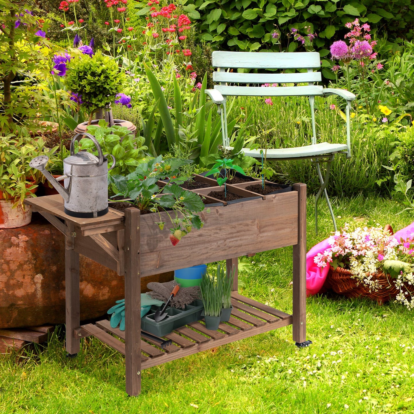 Wooden Garden Bed with Wheels, Foldable Side Clapboard, Self-Draining Design