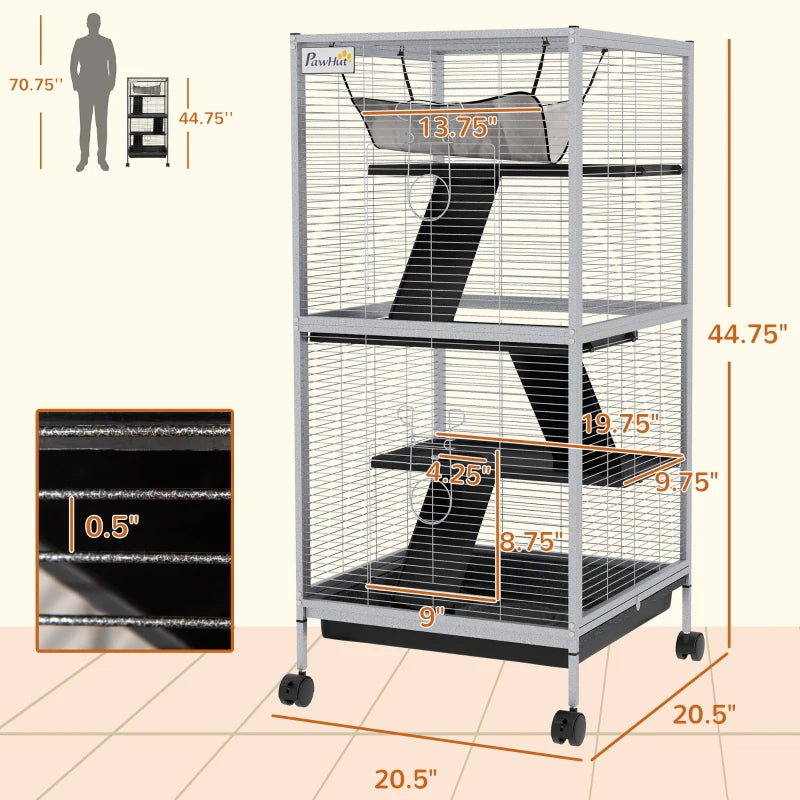 Rolling Small Animal Cage with Hammock for Ferrets, Chinchillas, Kittens - White