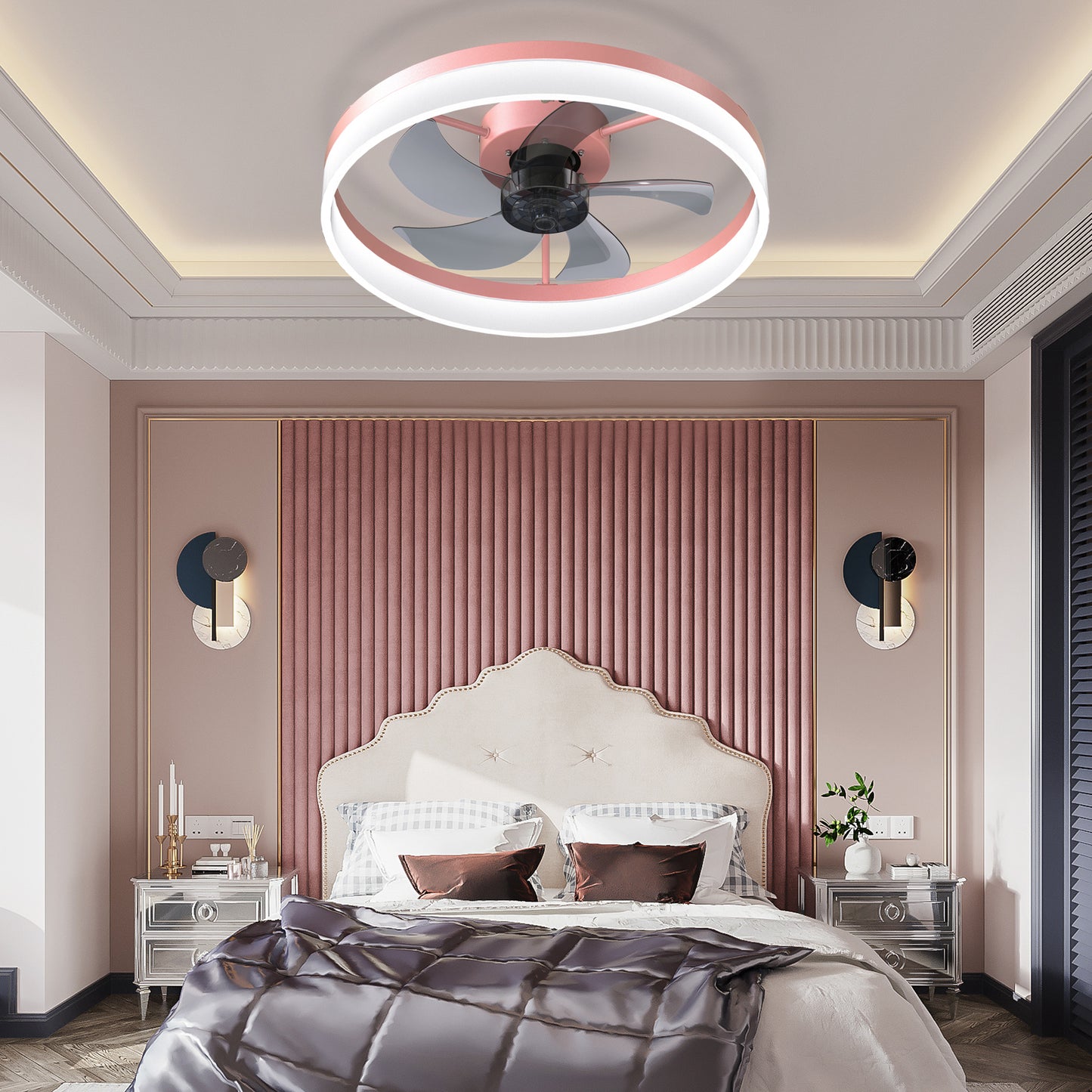 Dimmable LED Ceiling Fan with Lights - Modern Thin Design, Pink