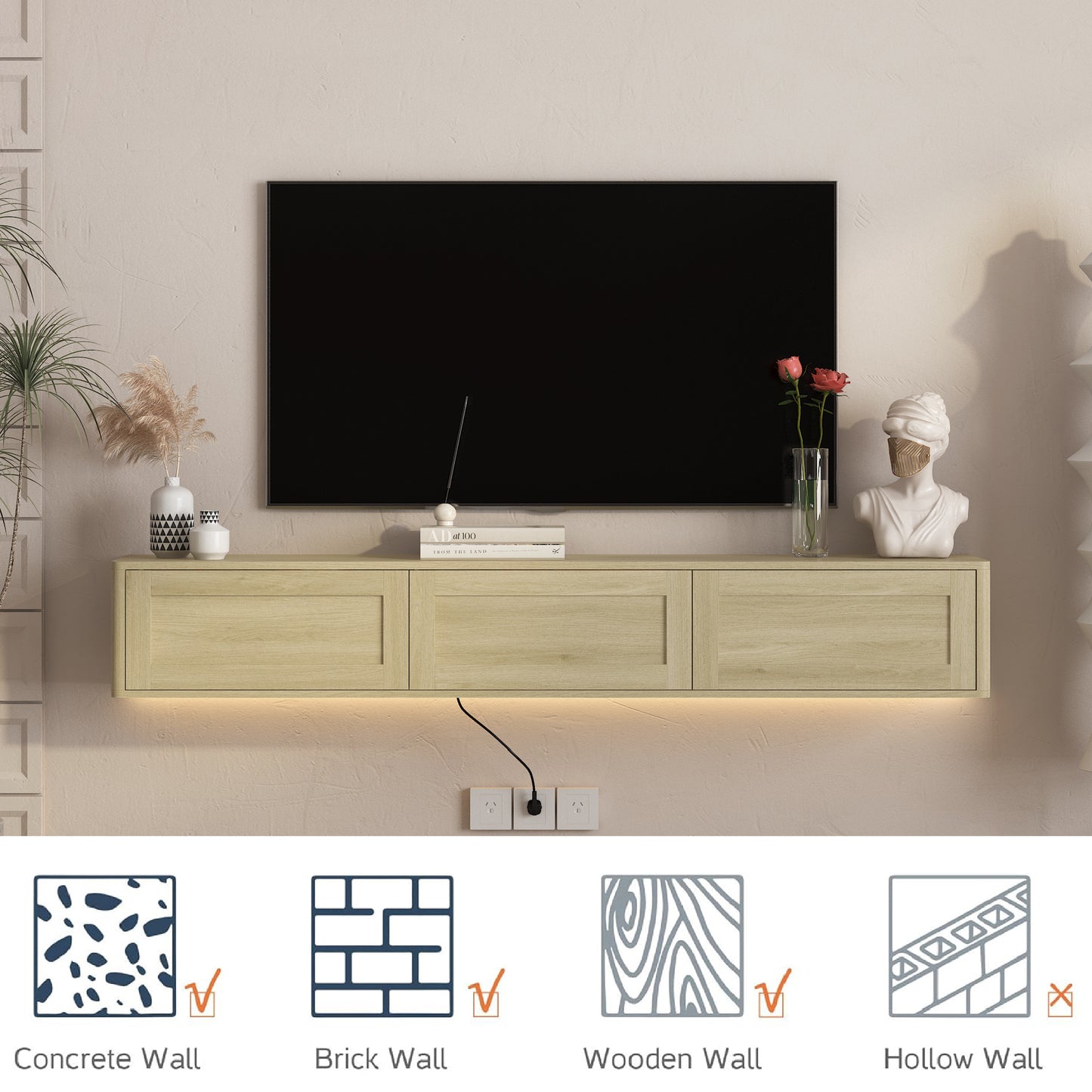 Floating TV Stand with LED Lights & Power Outlet - Wood