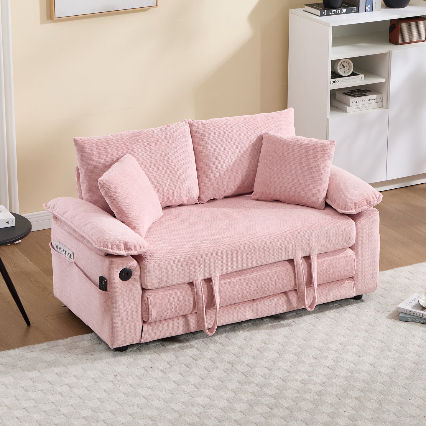 58-Inch Pink Upholstered Futon Sofa Bed with Side Pockets