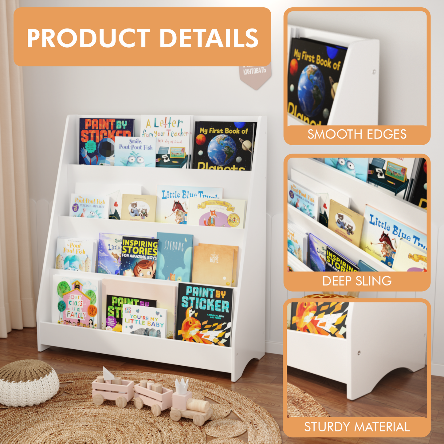 4-Tier Kids Bookshelf - White MDF Book Display Organizer