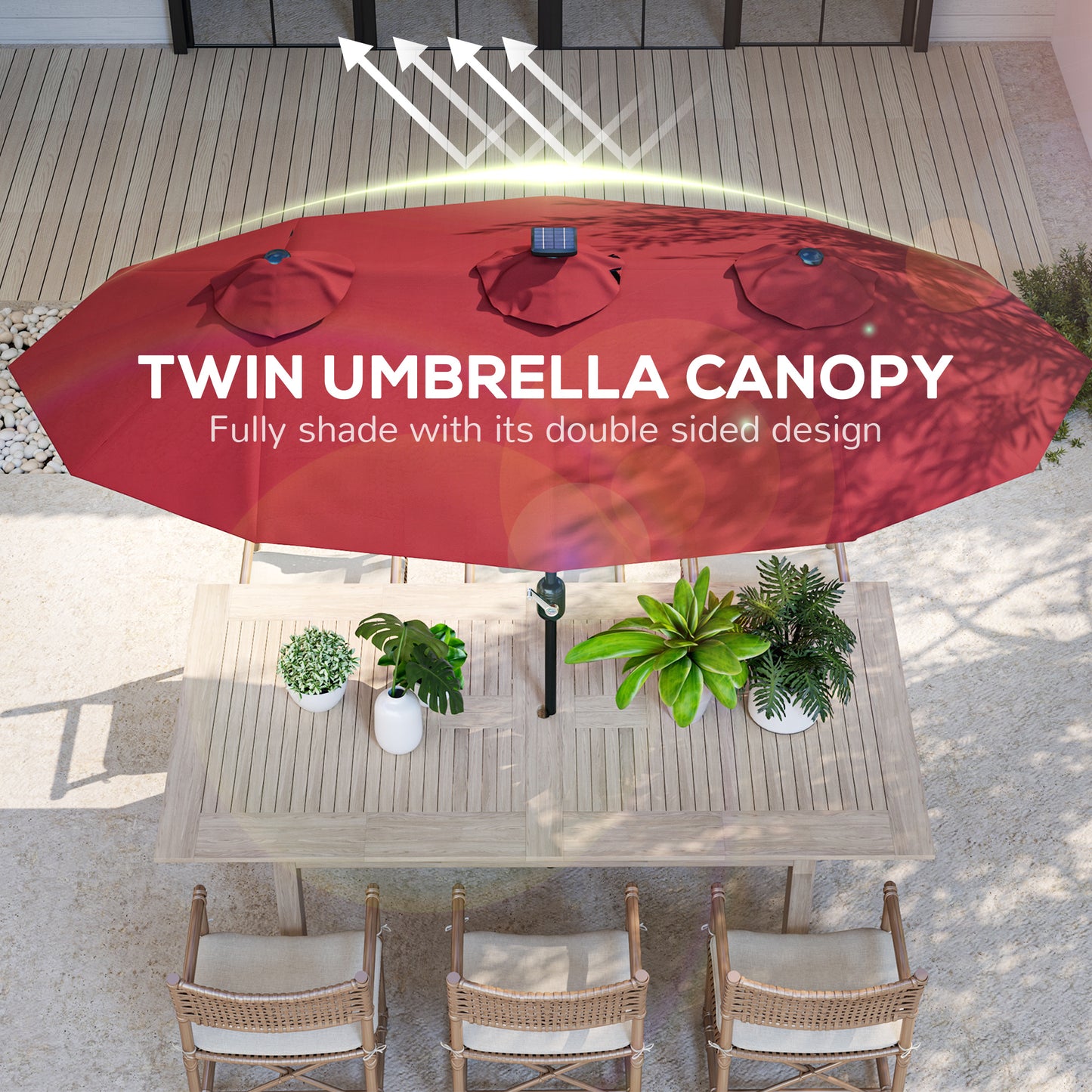 9.7' Double-Sided Patio Umbrella with Solar LED Lights - Wine Red
