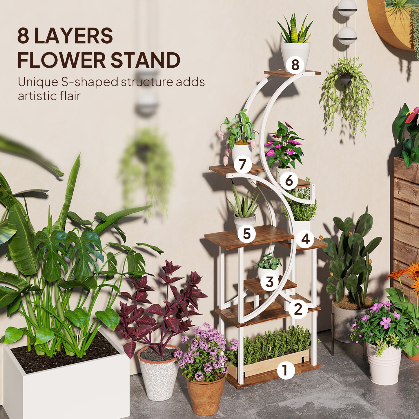 8-Tier S-Shaped Indoor Plant Stand - Carbonized Finish