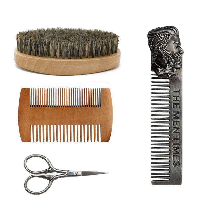 Men's Beard Care Kit with Scissors, Brushes & Combs - 4Pc