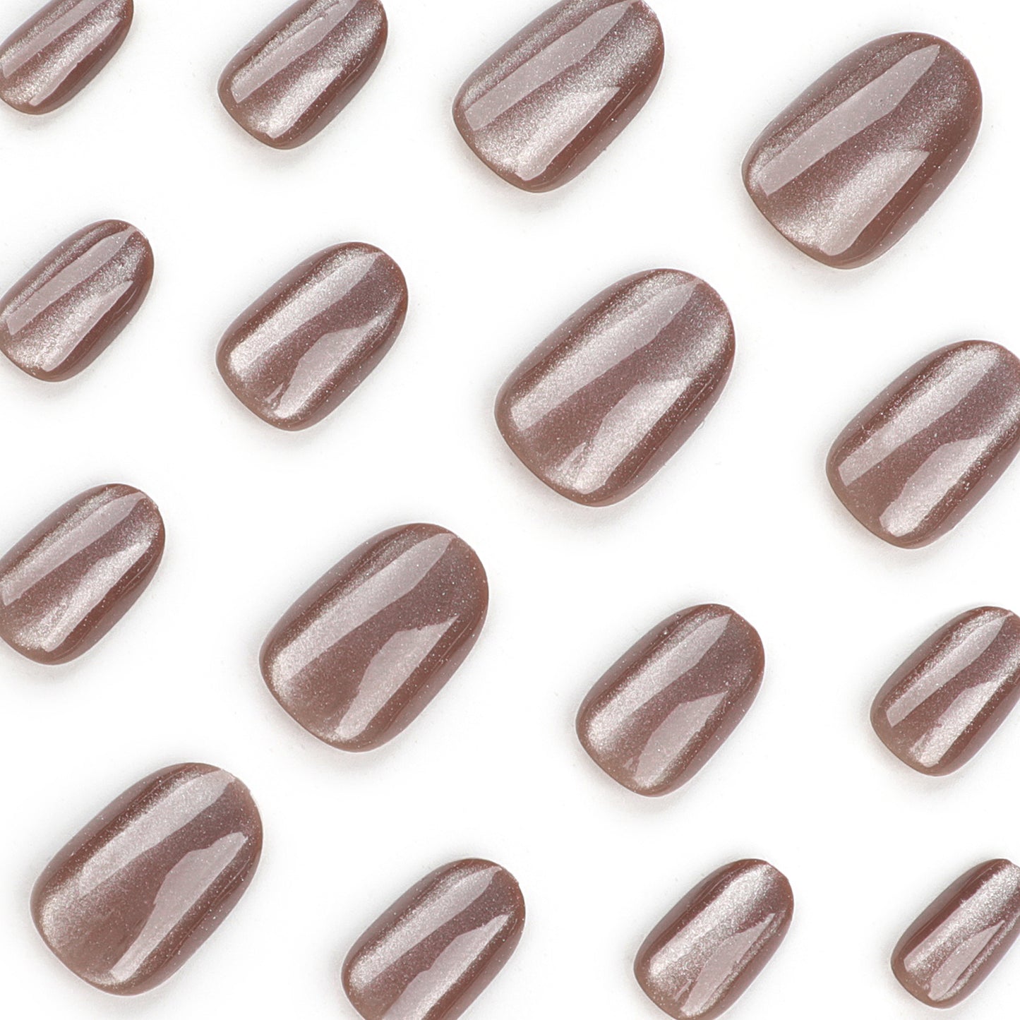 Short Round Deep Brown Nail Tips with Cat-Eye Effect - Brighten Skin