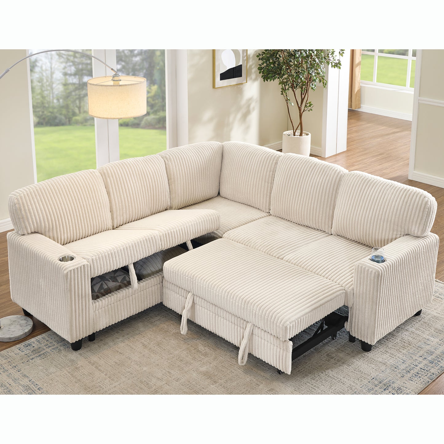 L-Shaped Sectional Sofa Bed with USB Charging & Storage - Beige