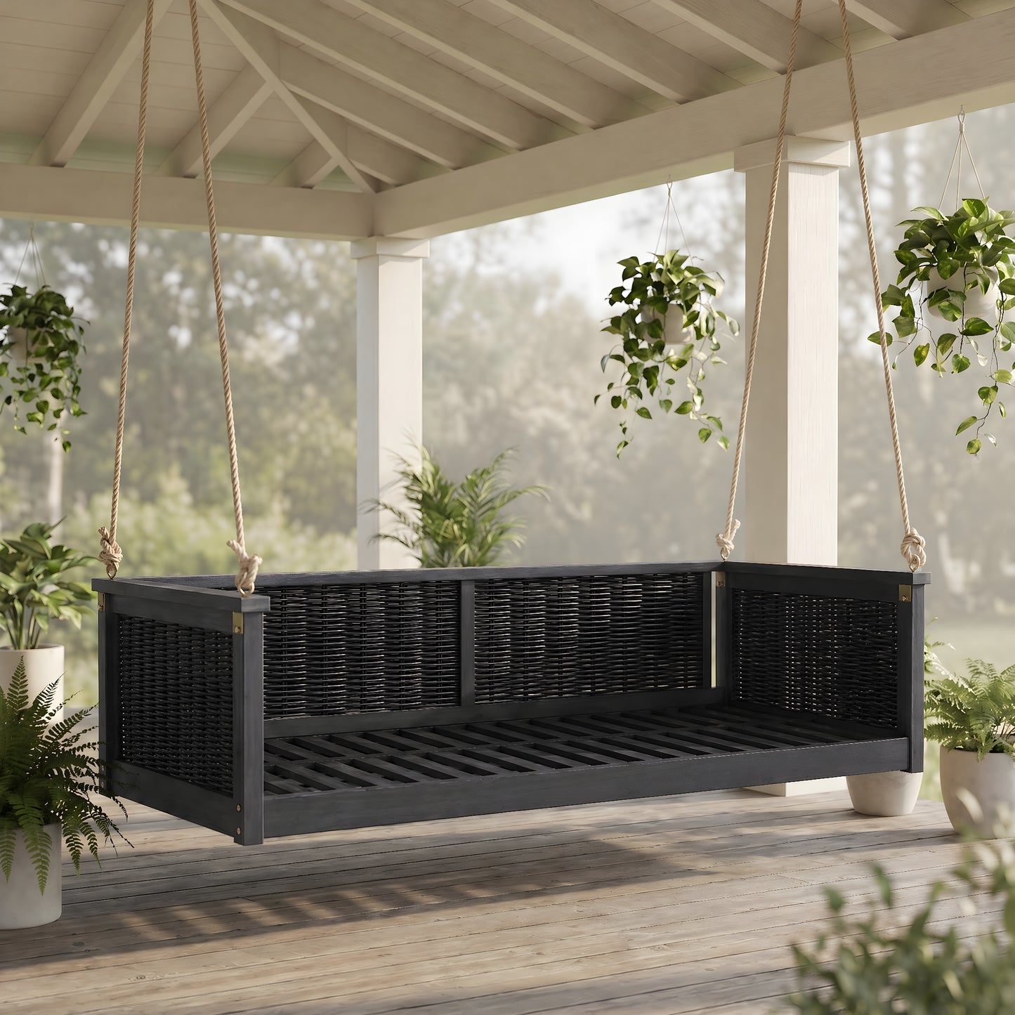 Outdoor Solid Wood Twin Size Swing Bed - Black Rattan Frame