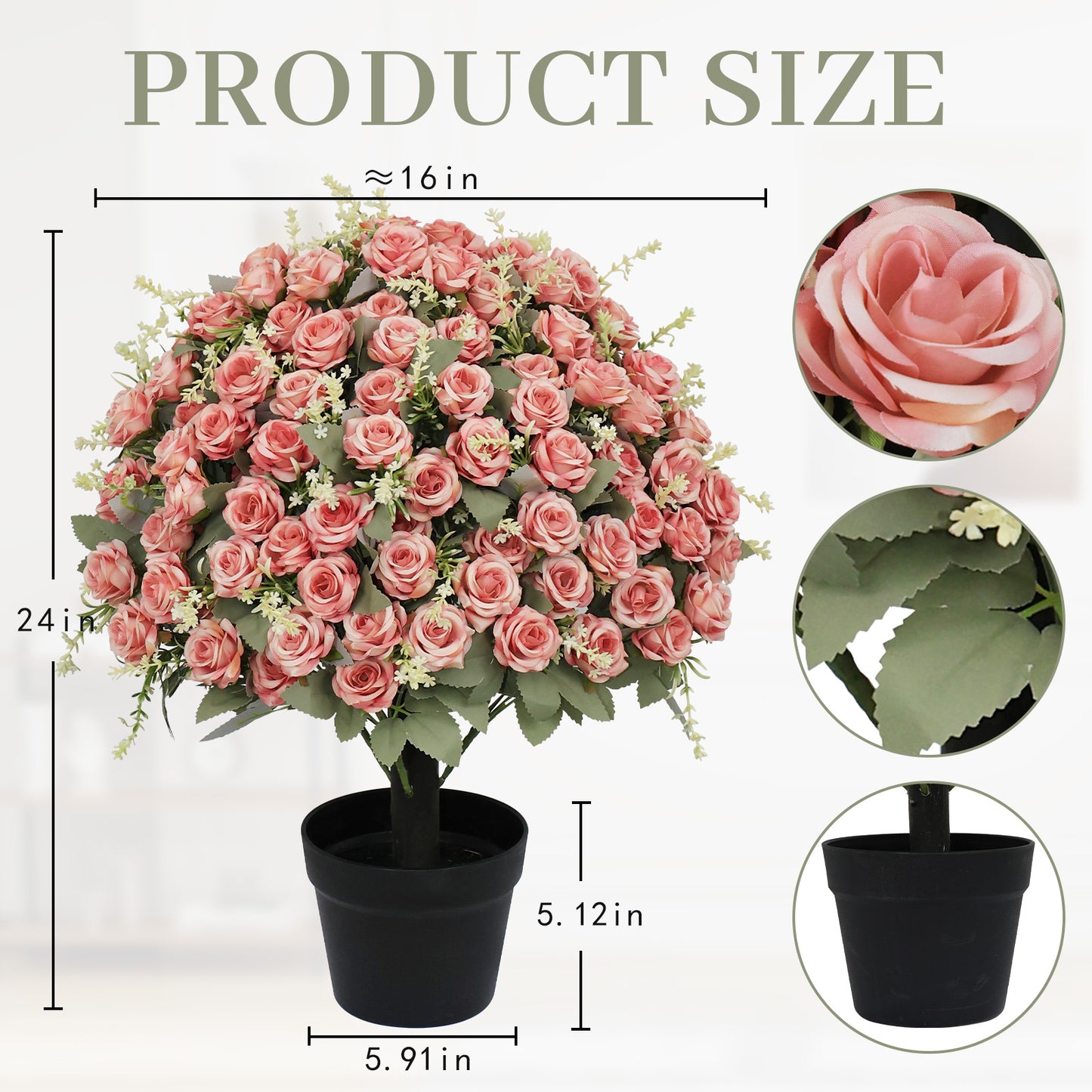 24-Inch Lifelike Artificial Rose Plant in Pot - Pink & Green