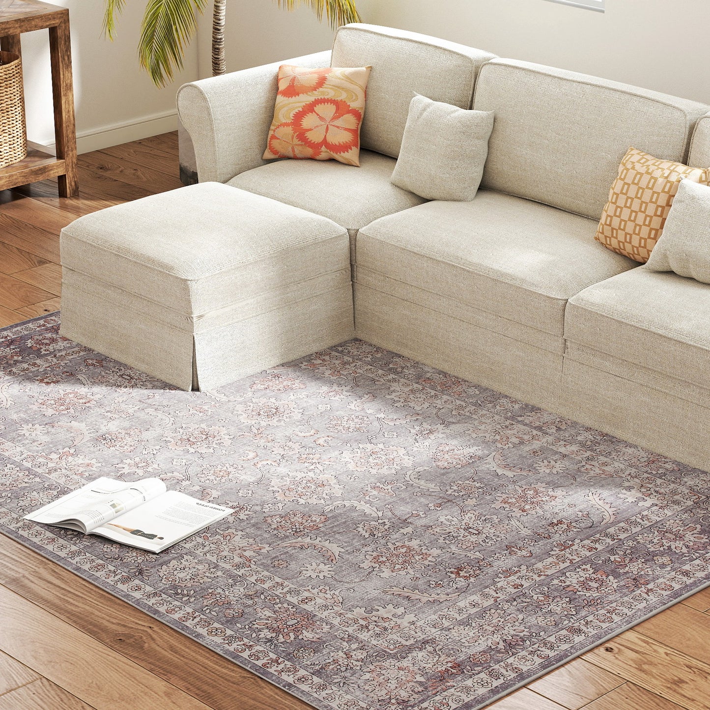 Machine Washable Non-Slip Area Rug 5x7 - Grey and Brown Floral