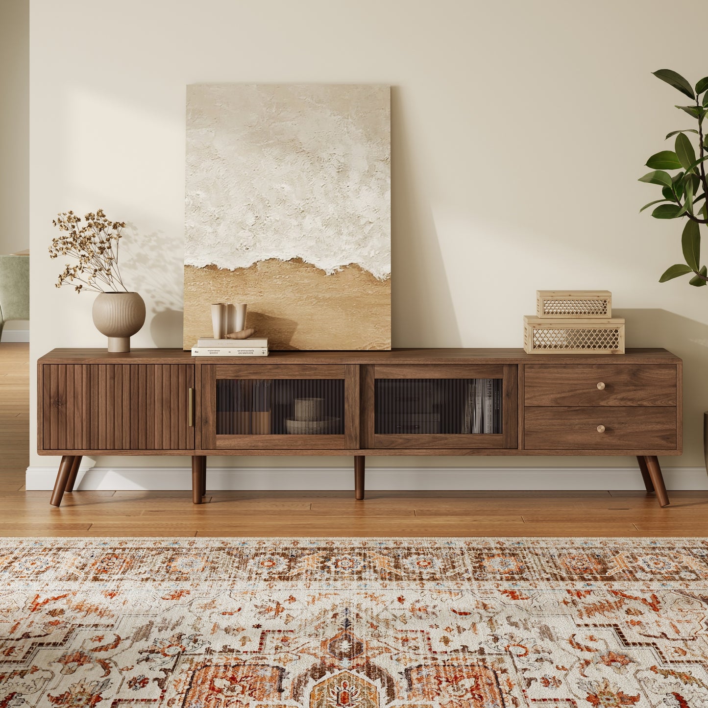 76" Modern Minimal Glass-Door TV Stand for 85" TVs - Natural