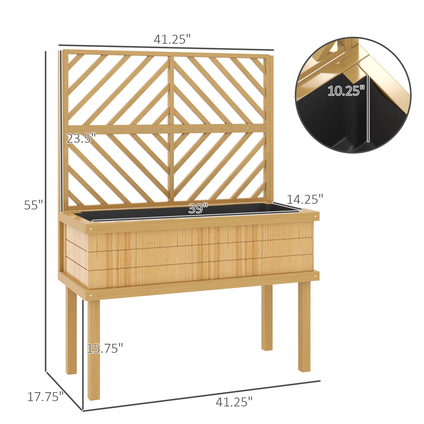 Wooden Garden Planter with Trellis for Climbing Plants, Raised Bed, Natural Finish